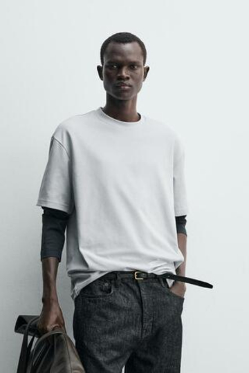 ZARA ФУТБОЛКА RELAXED FIT ИЗ ХЛОПКА, НЕБЕСНО-ГОЛУБОЙ