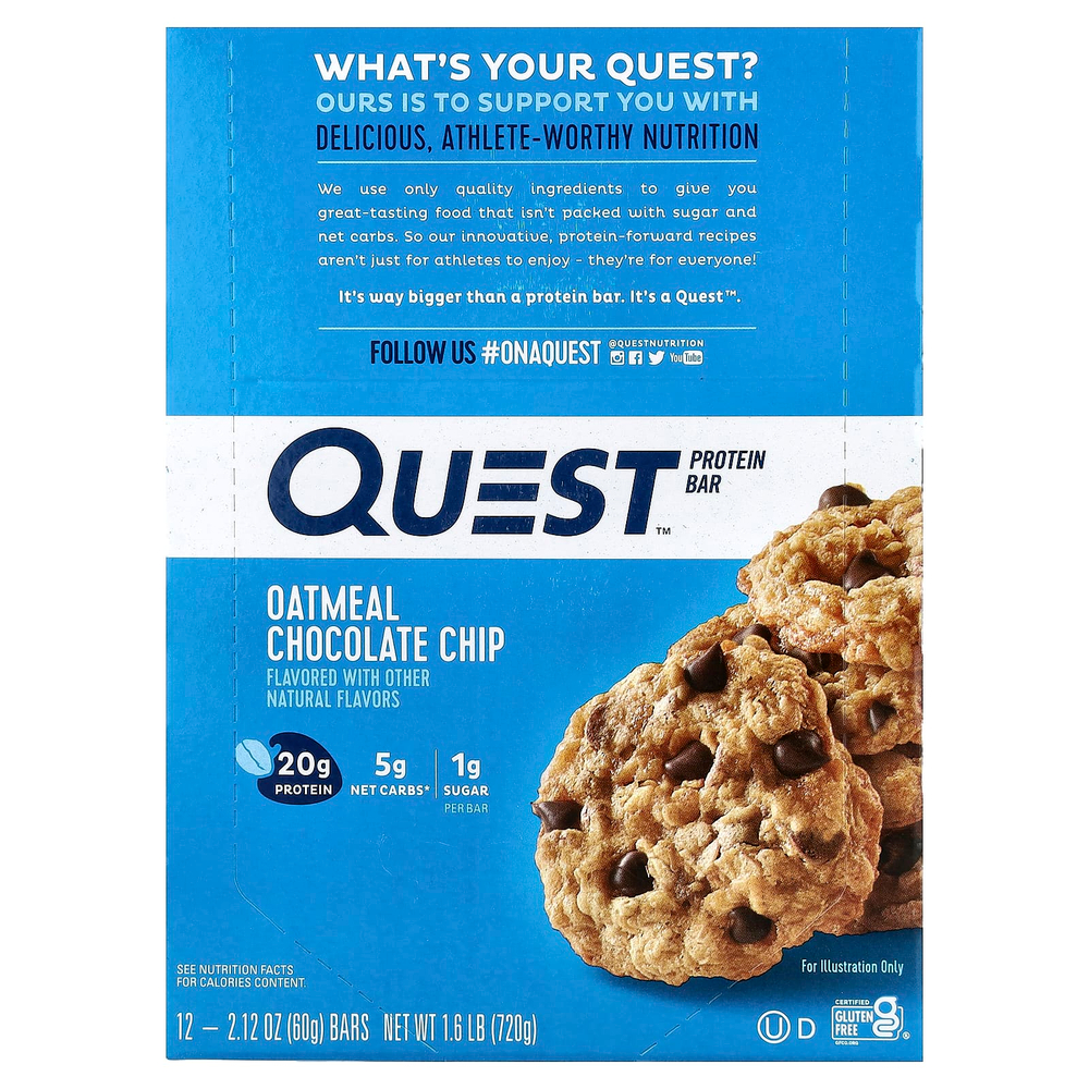 Quest Nutrition, протеиновый батончик, со вкусом овсяно-шоколадного печенья, 12 батончиков, весом 60 г (2,12 унции) каждый