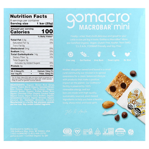 GoMacro, MacroBar® мини, кокос, миндальная паста и шоколадная крошка, 8 батончиков по 25 г (0,9 унции)