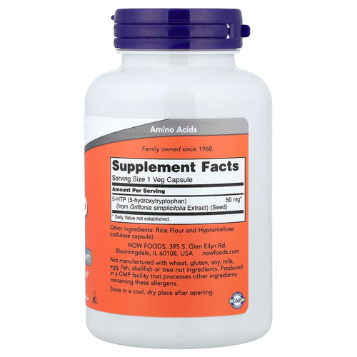 NOW Foods, 5-гидрокситриптофан, 50 мг, 180 капсул в растительной оболочке
