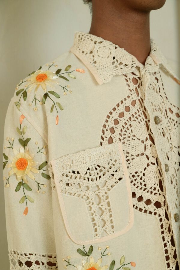 Рубашка Вязаная с Желтыми Цветами / Yellow Flowers Crocheted Long Sleeve бежевая - фото 7