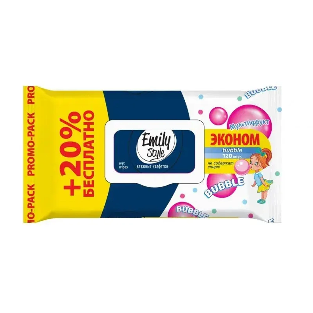 Влажные салфетки BUBBLE FRESH ЭКОНОМ 100+20 штук упаковка с клапаном
