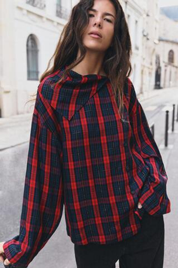 ZARA РУБАШКА В КЛЕТКУ С БЛЕСТЯЩЕЙ НИТЬЮ, КРАСНЫЙ/ТЕМНО-СИНИЙ