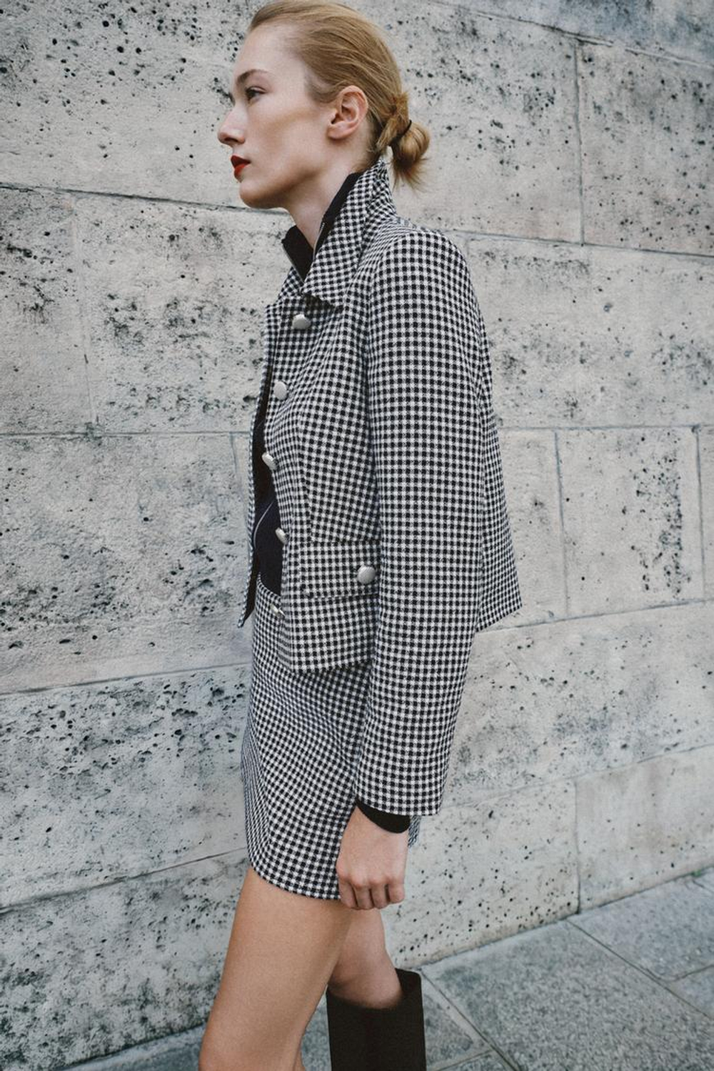 ZARA КОРОТКАЯ КУРТКА В КЛЕТКУ, БЕЛЫЙ/ЧЕРНЫЙ