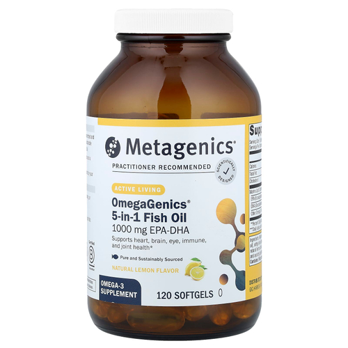 Metagenics, OmegaGenics®, рыбий жир 5 в 1, натуральный лимонный вкус, 120 капсул