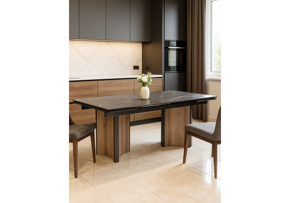 Керамический стол Woodville Саливан 180x90 nero marquina, дуб бомонд лофт