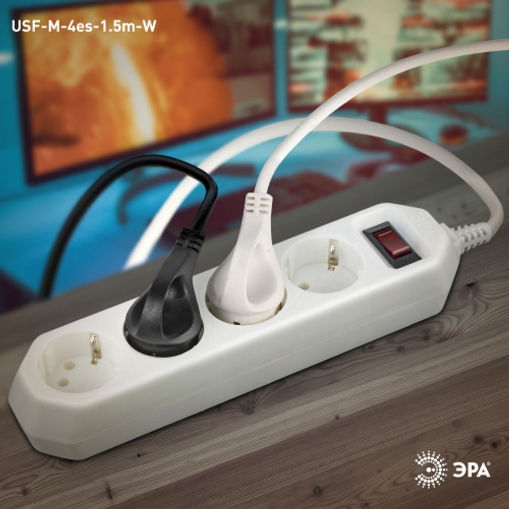 Сетевой фильтр ЭРА USF-M-4es-1.5m-W с защитой (термо) с заземлением с выключателем 4 розетки 1,5м 10А белый | Сетевые фильтры