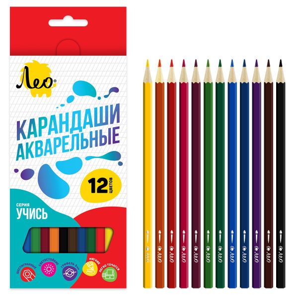 Карандаш акварельный в наборе заточенный 8х12 цв, Лео LNSWP-12