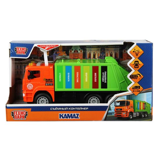 Машина пластик свет-звук KAMAZ МУСОРОВОЗ 30 см, бачок, двер, инер, зел, кор. Технопарк