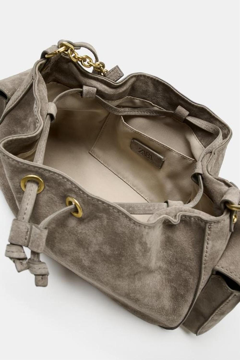 ZARA МИНИ-СУМКА ИЗ КОЖИ СО СБОРКАМИ, СЕРЫЙ