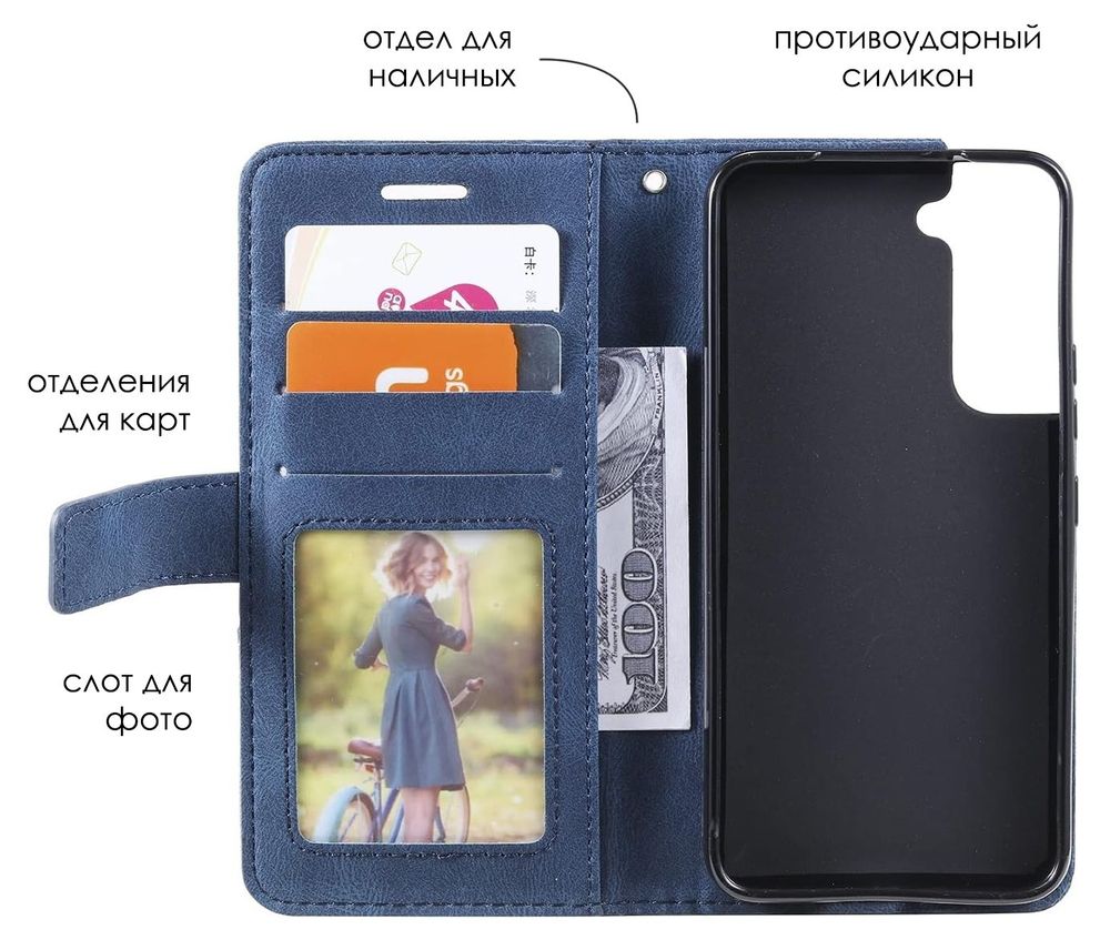 Дизайнерский чехол-книжка из кожи для SAMSUNG GALAXY S22 с отделом для наличных, 3 слотами для карт и подставкой