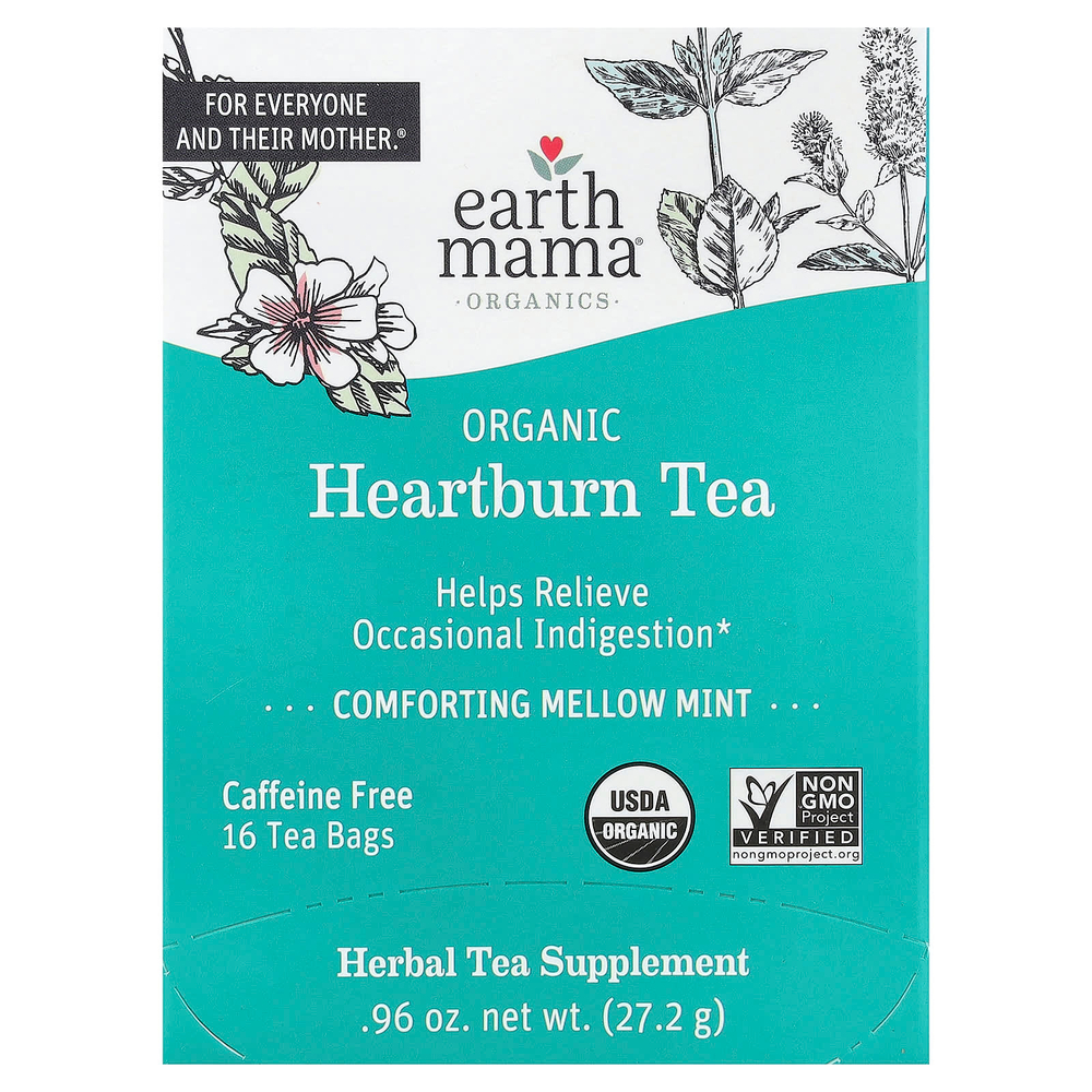 Earth Mama, Organics, органический чай от изжоги, успокаивающая мята, без кофеина, 16 чайных пакетиков, 27,2 г (0,96 унции)