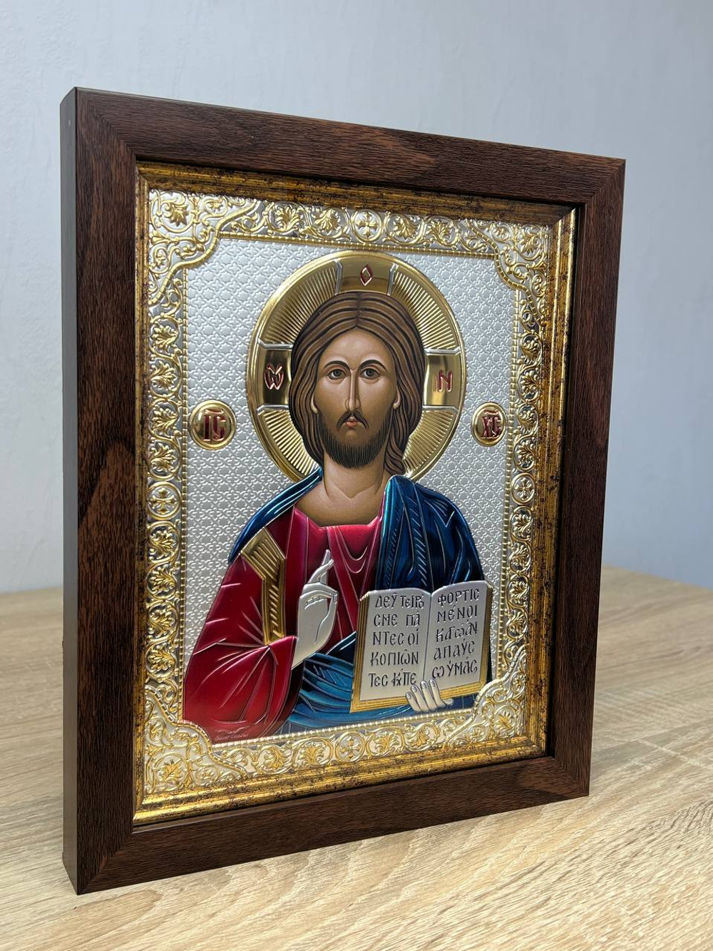 Спаситель, икона прямоугольная в рамке под стеклом, красный киот, эмаль 232х280