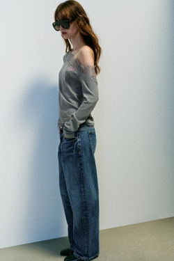 ZARA АСИММЕТРИЧНЫЙ ТОП С КРУЖЕВОМ, СЕРЫЙ МЕЛАНЖ