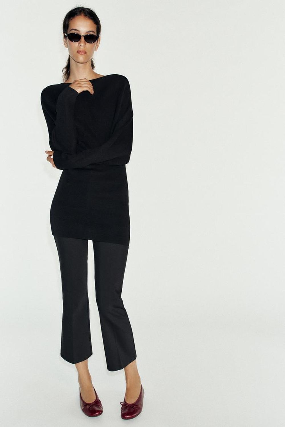 ZARA КОЖАНЫЕ БАЛЕТКИ С БАНТОМ, БОРДОВО-КРАСНЫЙ