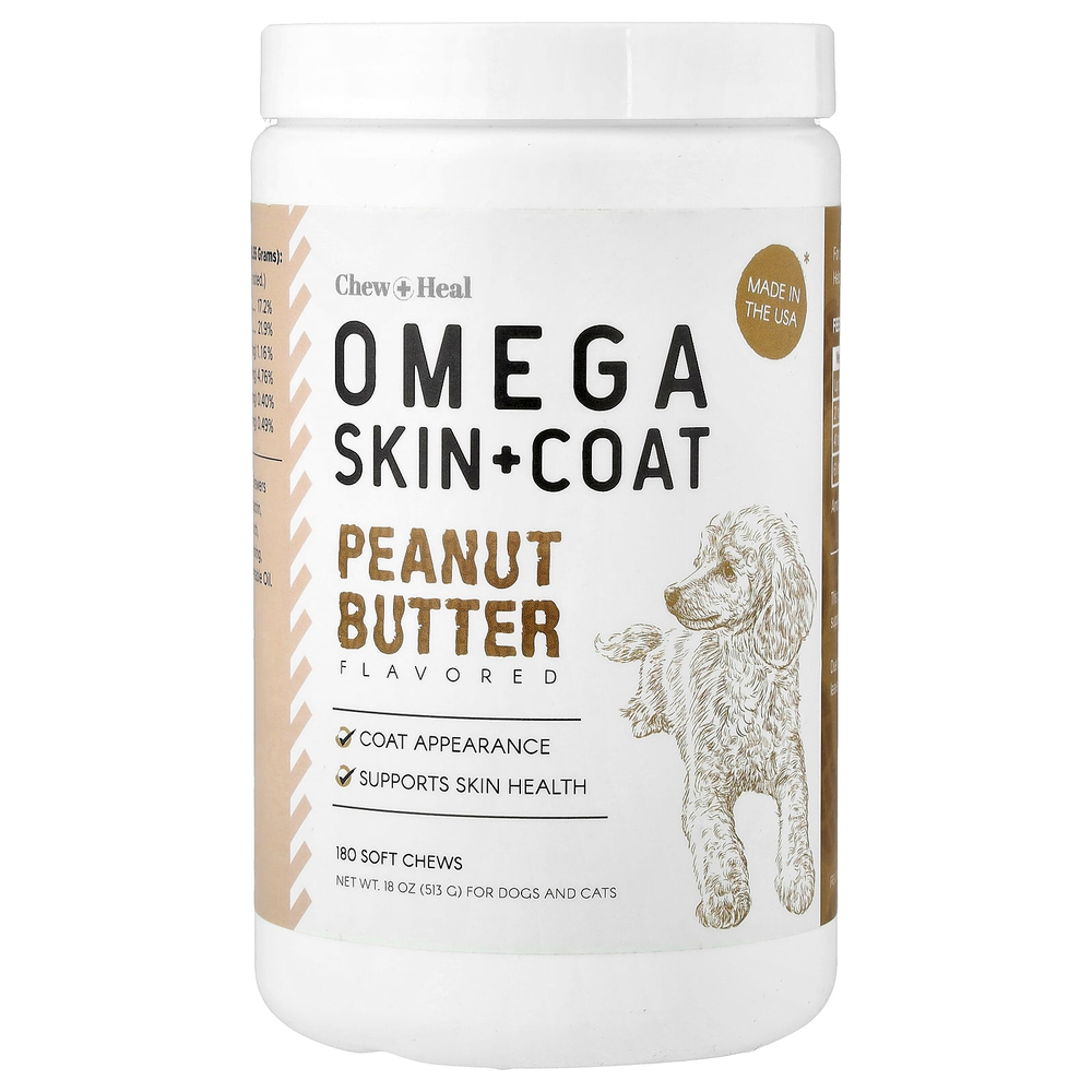 Chew + Heal, Omega Skin + шерсти, для собак и кошек, арахисовое масло, 180 жевательных таблеток, 513 г (18 унций)