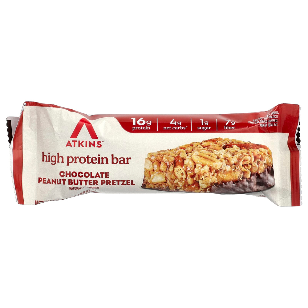 Atkins, высокопротеиновый батончик, шоколад и арахисовая паста, крендель, 4 батончика по 48 г (1,69 унции)