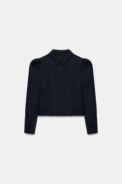 ZARA УКОРОЧЕННЫЙ БЛЕЙЗЕР СО СБОРКАМИ НА ПЛЕЧАХ, СИНИЙ