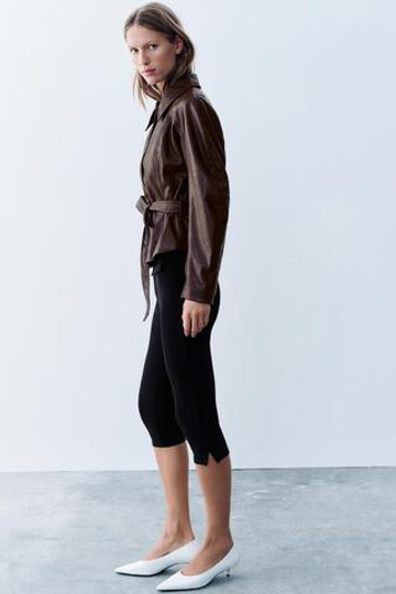 ZARA КУРТКА ИЗ ИСКУССТВЕННОЙ КОЖИ С ПОЯСОМ, ЧЕРНЫЙ