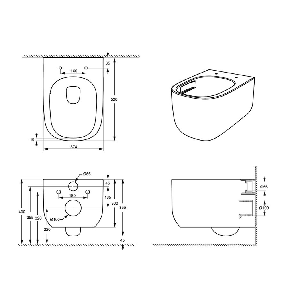 Унитаз подвесной Grossman Thin Rim GR-5605SQ (520х374х355) тонкий ободок,белый с тонкой крышкой,микролифт,смыв торнадо,1 место