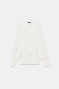 ZARA ТОП С ДРАПИРОВКОЙ И ВОРОТНИКОМ-СТОЙКОЙ, ЭКРЮ