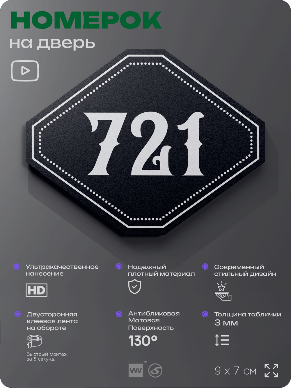 Номерок на дверь квартиры 721, для кабинета, офиса, шильдик 9 х 7 см, черный, Айдентика Технолоджи