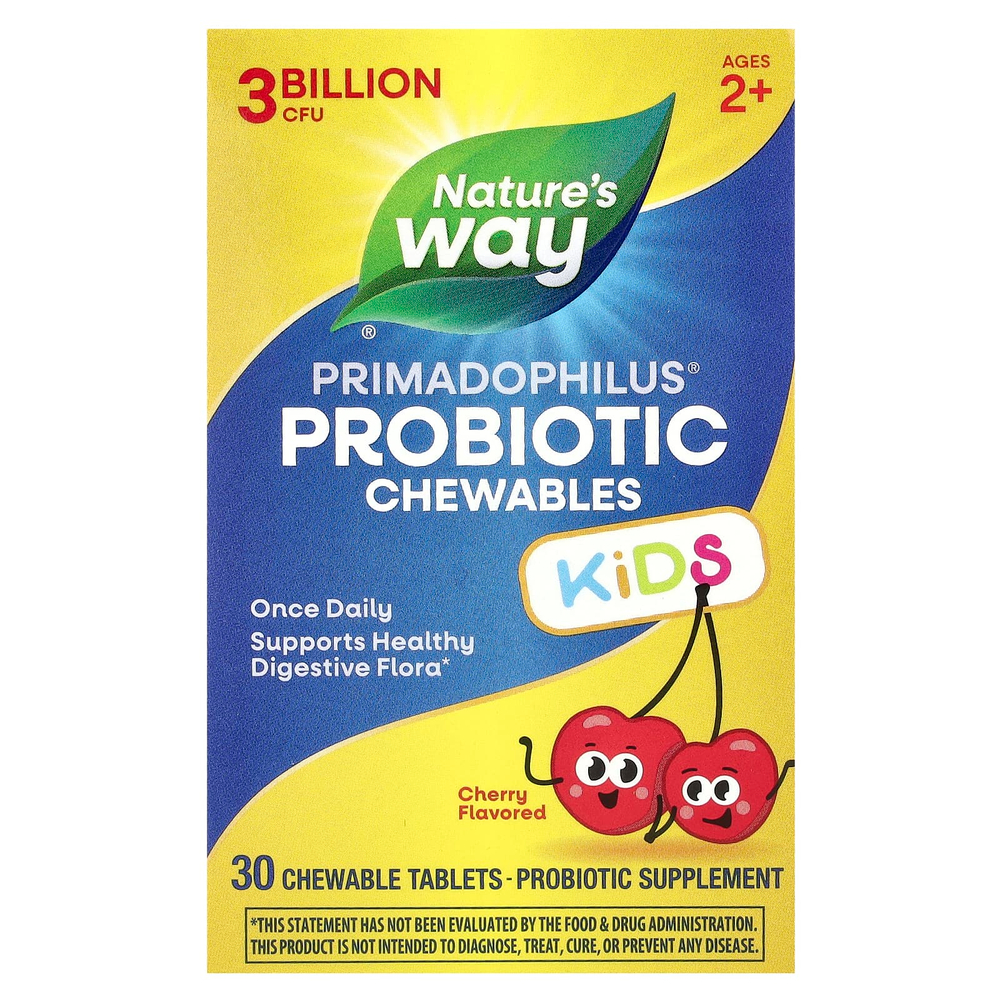 Nature's Way, Primadophilus®, жевательные пробиотики, для детей от 2 лет, с вишнёвым вкусом, 3 млрд КОЕ, 30 жевательных таблеток