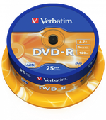 Оптический диск Verbatim DVD-R 4.7GB 16X AZO Matt Silver, Spindle, 25 шт