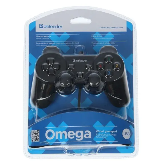 Геймпад Defender Omega USB, проводной, вибрация, для PC, USB, черный