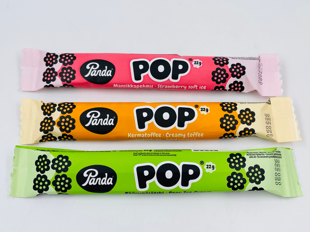 Лакрица Panda POP микс (3 шт. по 22 г) с начинками (клубника, сливочная ириска, груша) 66 г (Из Финляндии)