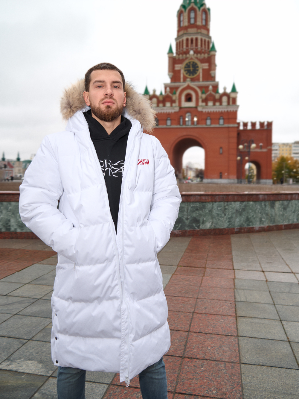 Пуховик мужской удлиненный "Russia" белый