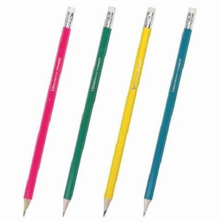 Карандаш чернографитный Brauberg Fluor, HB, с ластиком, ассорти