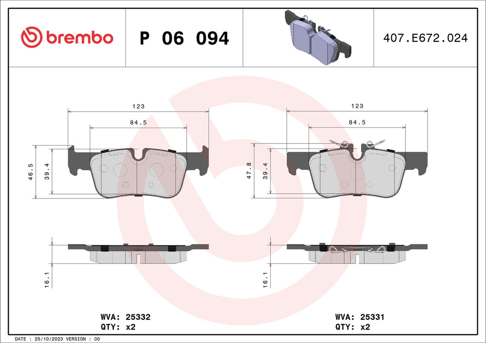 BREMBO - P06094-BRB - Brake Pad Set, disc brake