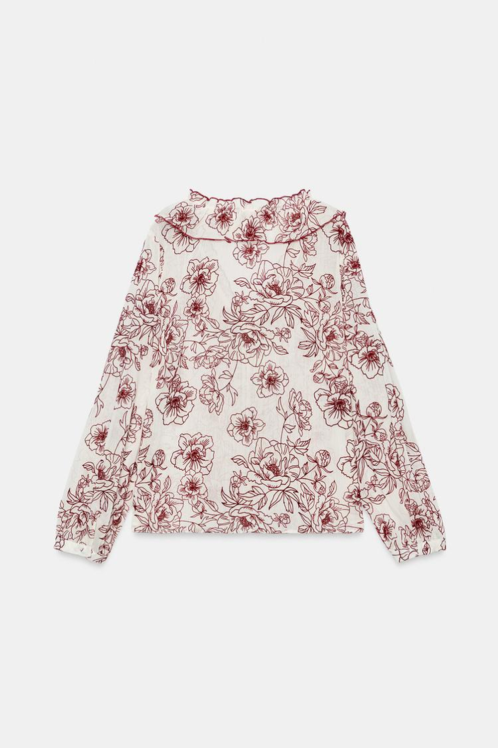 ZARA БЛУЗА С ЦВЕТОЧНЫМ ПРИНТОМ И ВОЛАНАМИ, ЭКРЮ/ГРАНАТОВЫЙ