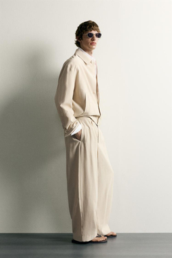 ZARA СТРУЯЩИЕСЯ БРЮКИ RELAXED FIT СО СКЛАДКАМИ, БЕЖЕВЫЙ