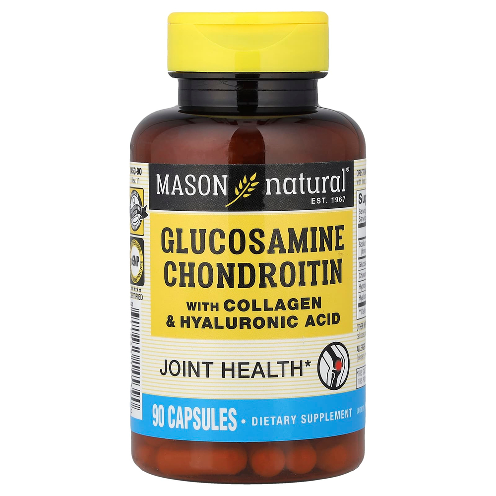 Mason Natural, глюкозамин и хондроитин с коллагеном и гиалуроновой кислотой, 90 капсул