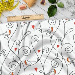 Ткань ниагара снегири и завитки на белом фоне