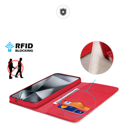 Чехол книжка из натуральной кожи красного цвета с защитой RFID для Samsung Galaxy S25 Ultra, Dux Ducis, серия Hivo Series Case