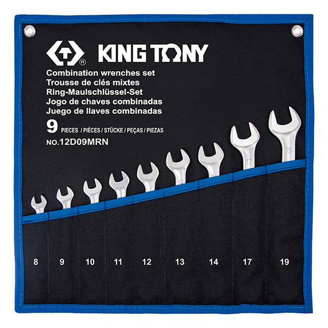 KING TONY (12D09MRN) Набор комбинированных ключей, 8-19 мм, чехол из теторона, 9 предметов