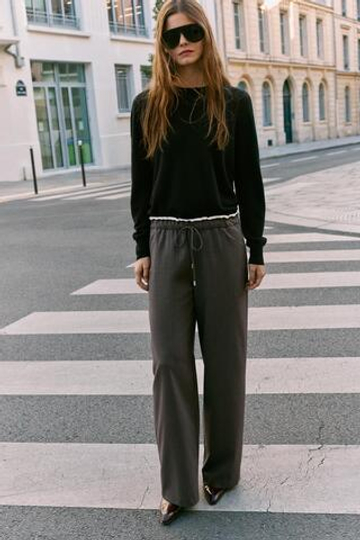 ZARA ШИРОКИЕ БРЮКИ С ДВОЙНЫМ ПОЯСОМ, СЕРО-КОРИЧНЕВЫЙ