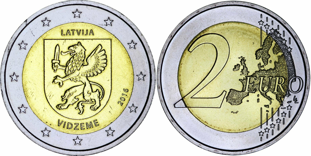 Латвия 2 евро, 2016 Исторические области Латвии - Видземе UNC