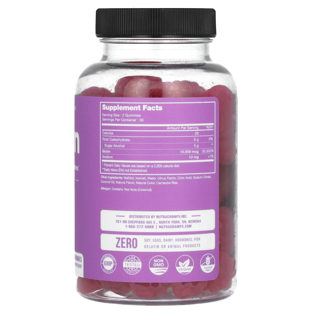 NutraChamps, Биотин, жевательные мармеладки для волос, кожи и ногтей, без сахара, натуральные ягоды, 60 веганских жевательных таблеток (5000 мкг в каждой жевательной мармеладке)