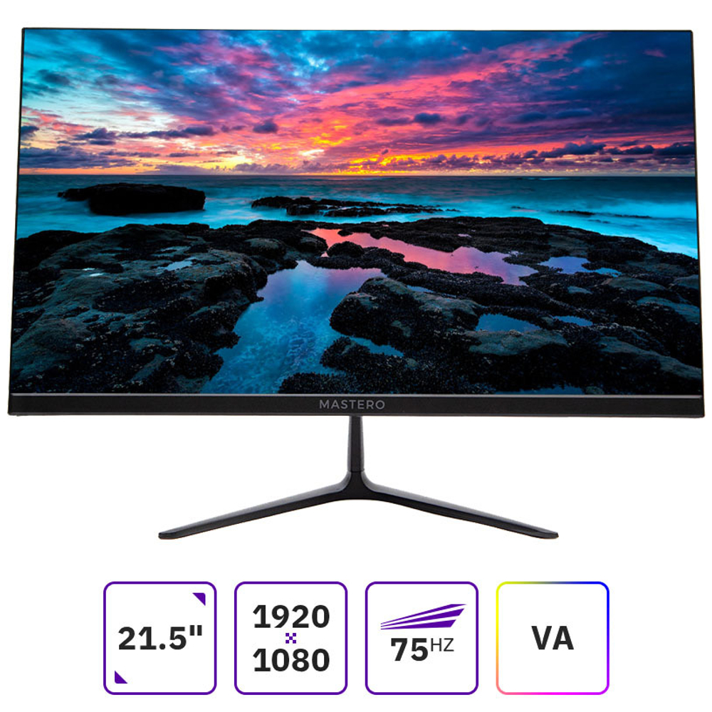 Монитор Mastero 21.5'' SE2223H, FHD, VA, 75Гц, чёрный, 8-bit, 4мс, 4000:1, 200 Кд/м2, VESA:75x75, VGA, HDMI
