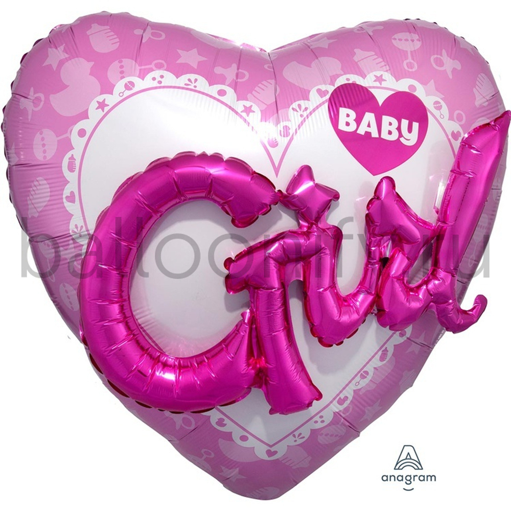 Фольгированная фигура, сердце, Baby Girl сердце розовое P75,36"/91СМ