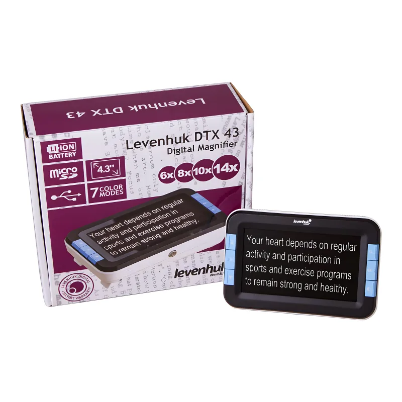 Лупа цифровая Levenhuk DTX 43 - прибор рядом с фирменной упаковкой
