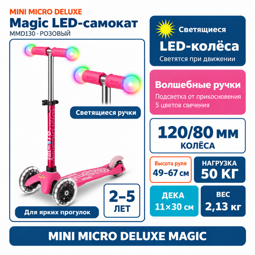 Самокат Mini Micro Deluxe Magic LED розовый