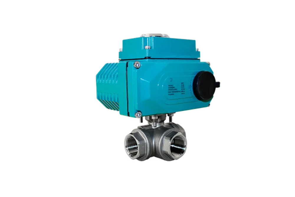 Кран шаровый трёхходовой L-тип, AISI304 DN40 (1_1/2"), с электроприводом AC 24V (С-05)