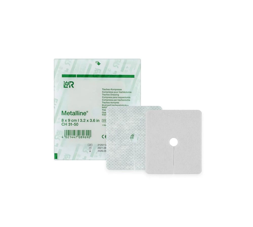 Metalline Absorbent Dressing 8 × 9 cm with Tracheostomy Cutout, 1 piece