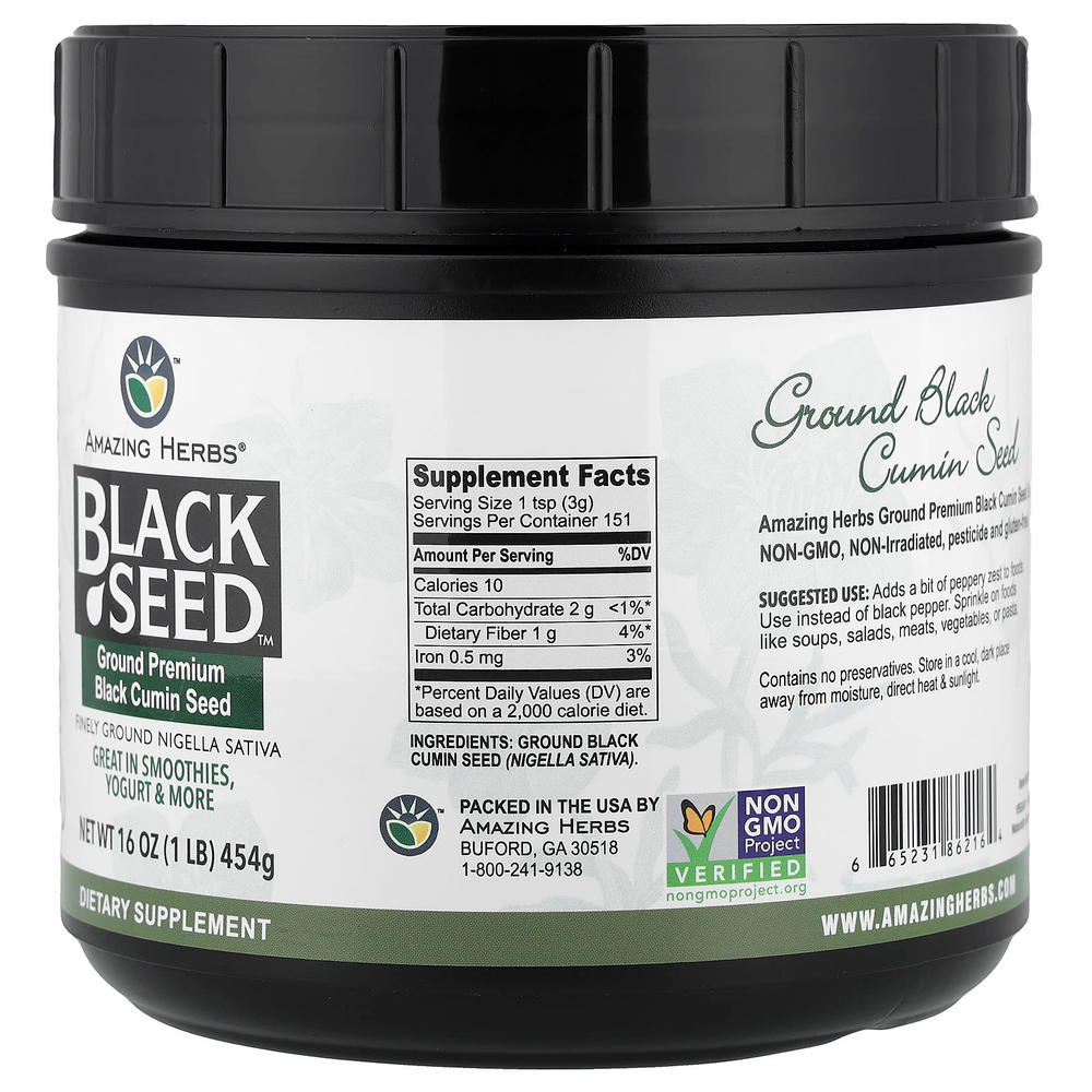 Amazing Herbs, Black Seed™, молотые семена черного тмина премиального качества, 454 г (1 фунт)