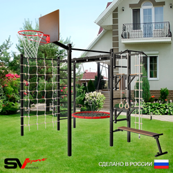 Уличная шведская стенка Sv Sport рукоход с комплектом турник прямой 2шт У5286К (Турник/Брусья/Стойка/Скамья/Гнездо 80см/Щит баскет/Канат/кольца/лестница/Сетка)